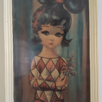 Kinderschilderijtje meisje met bloemen in hand